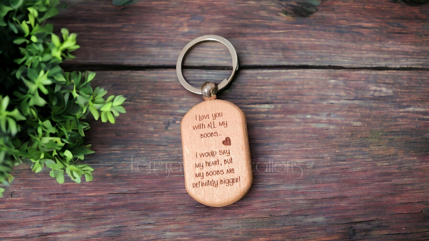 Engraved, Wooden Boobs Keyring